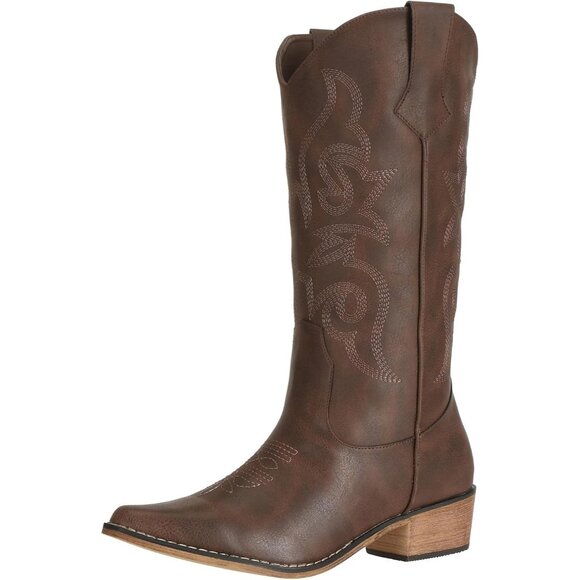 Women's Cowboy Dark Brown Boots Wide Calf Cowgirl Western Fashion Snip Toe Boots - Picture 1 of 7